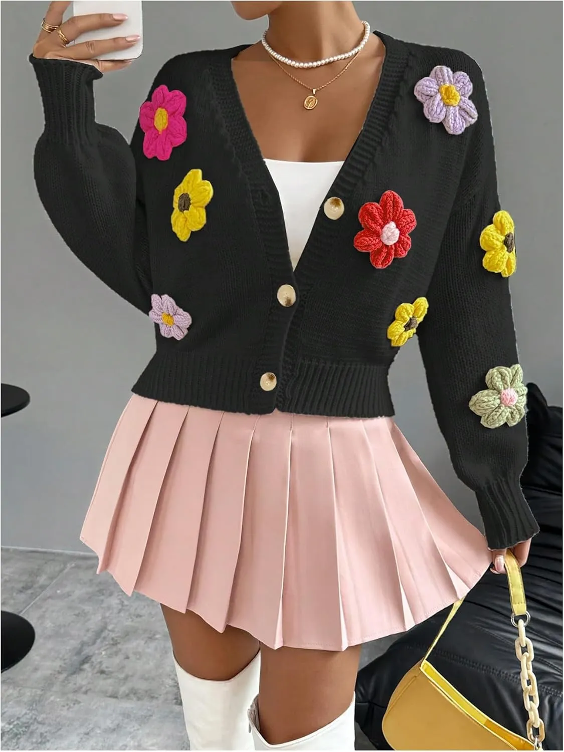 SHENHE Women's Button Down Flower Cardigan V Neck Open Front Knit Crop Cardigan Sweater