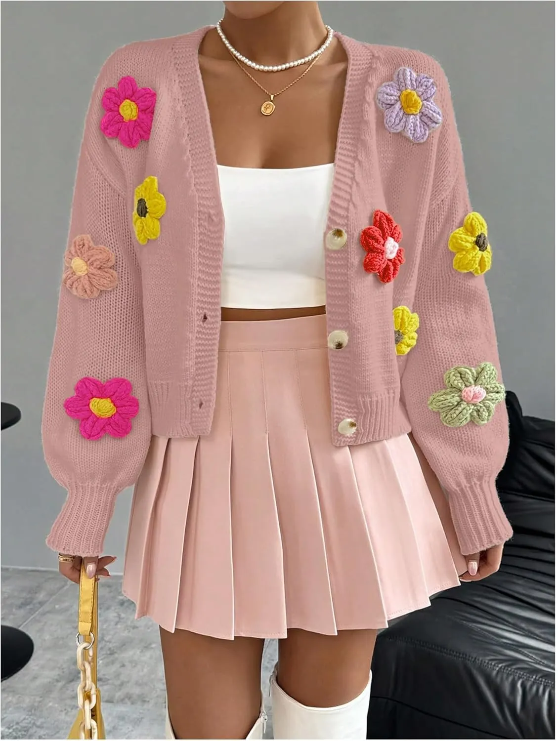 SHENHE Women's Button Down Flower Cardigan V Neck Open Front Knit Crop Cardigan Sweater