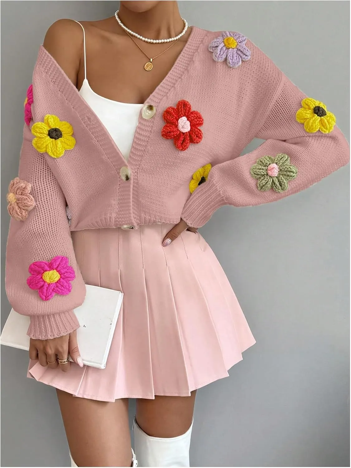 SHENHE Women's Button Down Flower Cardigan V Neck Open Front Knit Crop Cardigan Sweater