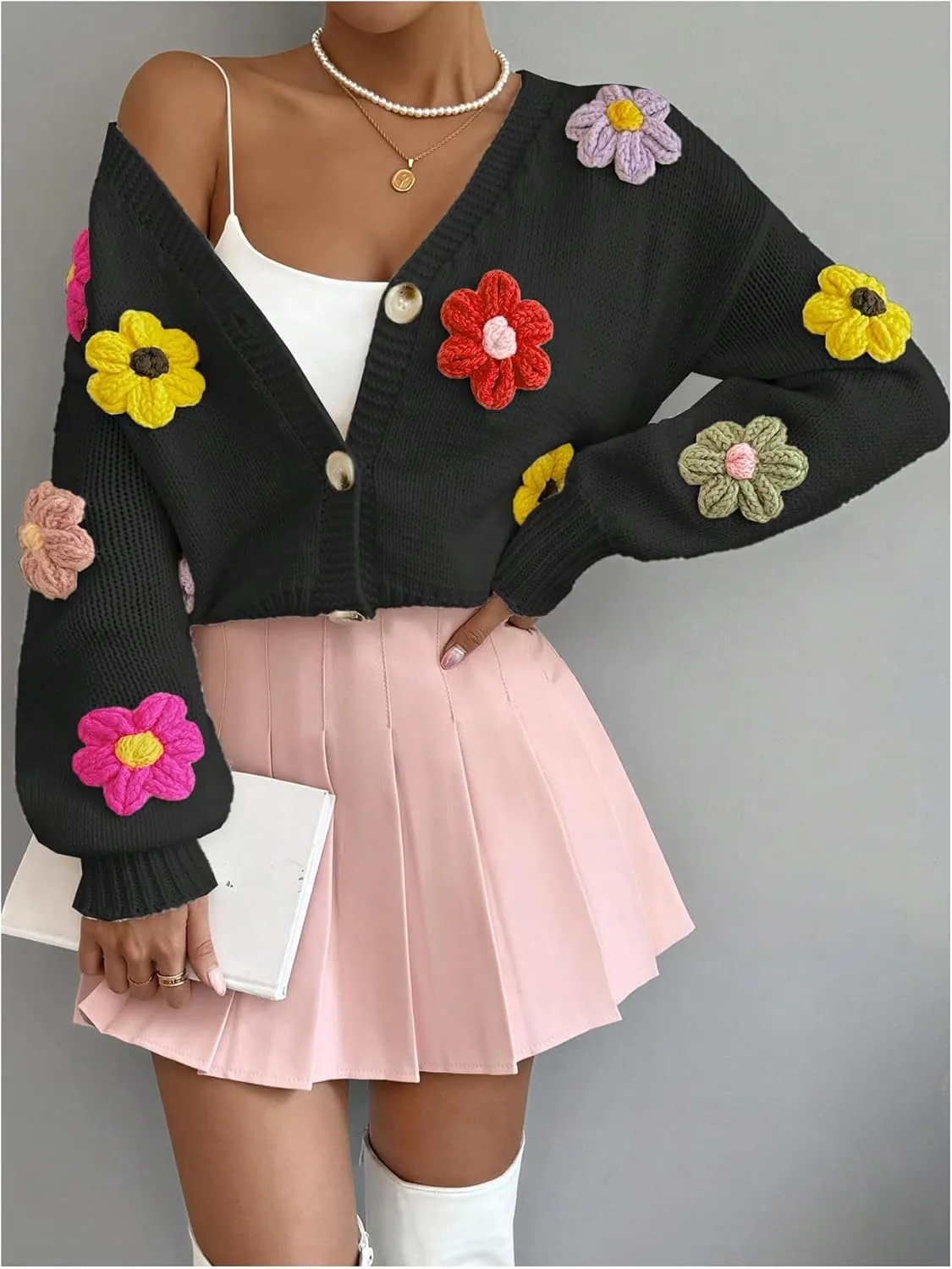 SHENHE Women's Button Down Flower Cardigan V Neck Open Front Knit Crop Cardigan Sweater