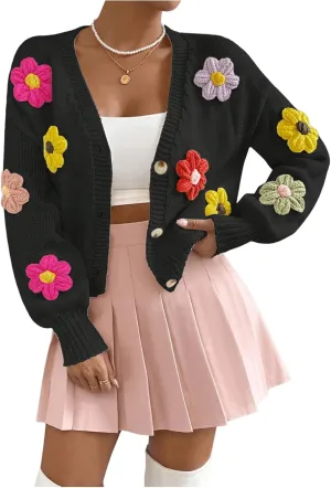 SHENHE Women's Button Down Flower Cardigan V Neck Open Front Knit Crop Cardigan Sweater
