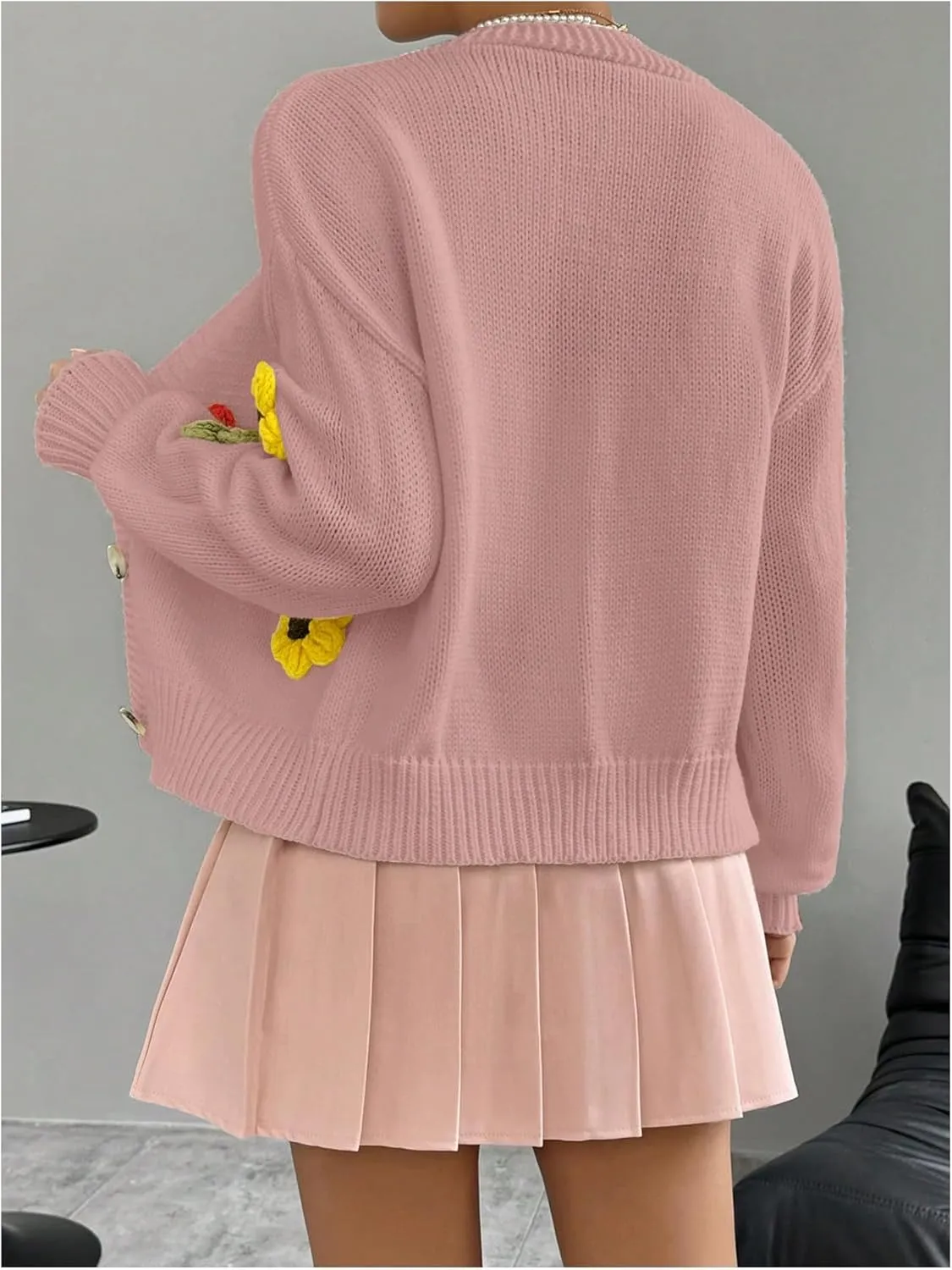 SHENHE Women's Button Down Flower Cardigan V Neck Open Front Knit Crop Cardigan Sweater
