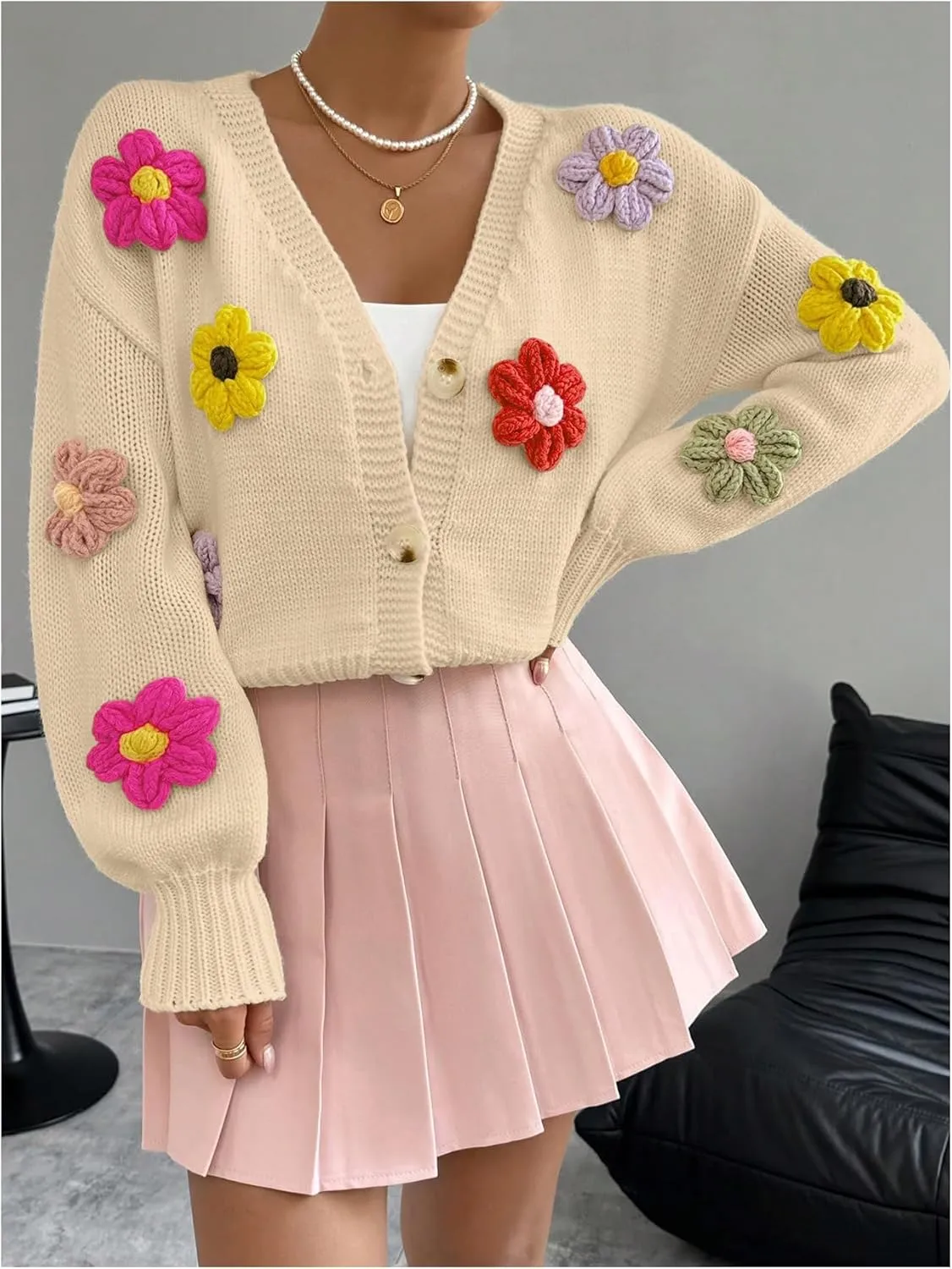 SHENHE Women's Button Down Flower Cardigan V Neck Open Front Knit Crop Cardigan Sweater