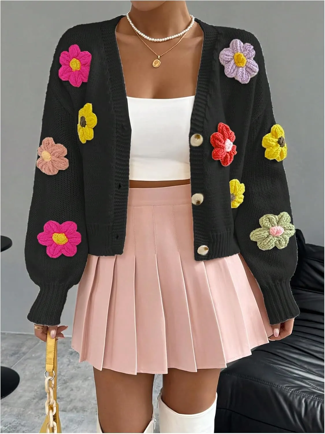 SHENHE Women's Button Down Flower Cardigan V Neck Open Front Knit Crop Cardigan Sweater