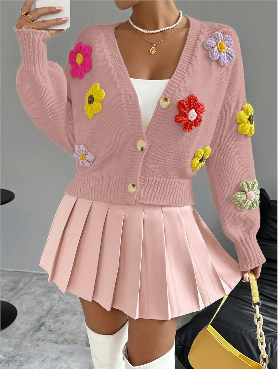 SHENHE Women's Button Down Flower Cardigan V Neck Open Front Knit Crop Cardigan Sweater