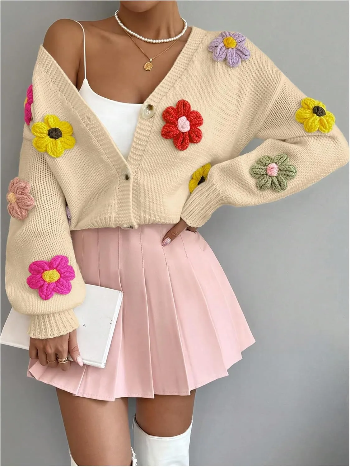 SHENHE Women's Button Down Flower Cardigan V Neck Open Front Knit Crop Cardigan Sweater