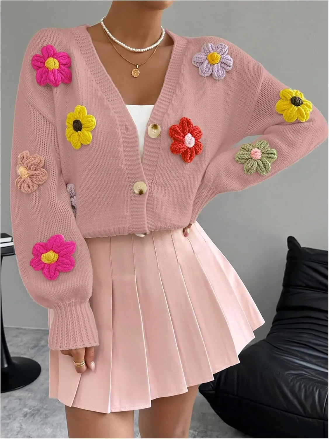 SHENHE Women's Button Down Flower Cardigan V Neck Open Front Knit Crop Cardigan Sweater