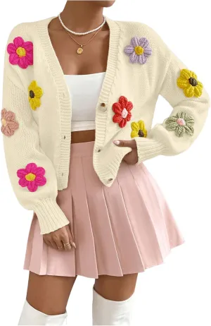 SHENHE Women's Button Down Flower Cardigan V Neck Open Front Knit Crop Cardigan Sweater