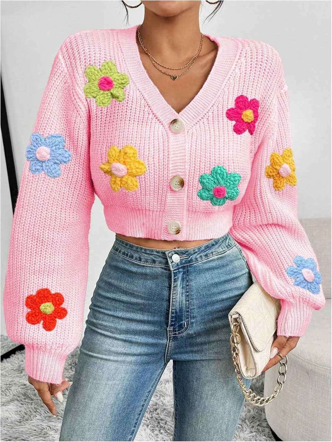 SHENHE Women's Button Down Lantern Sleeve V Neck Knitted Cropped Flower Cardigan Sweater