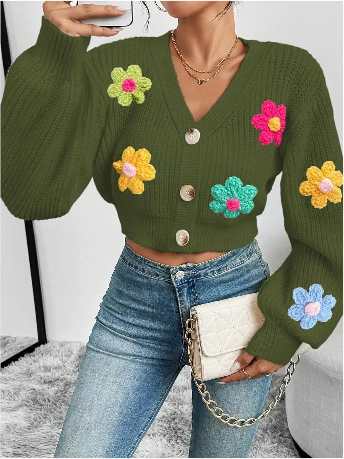 SHENHE Women's Button Down Lantern Sleeve V Neck Knitted Cropped Flower Cardigan Sweater