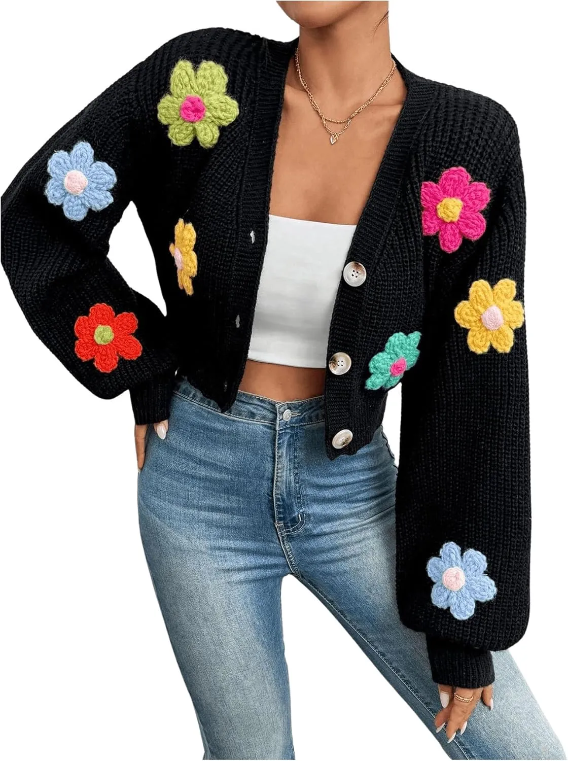 SHENHE Women's Button Down Lantern Sleeve V Neck Knitted Cropped Flower Cardigan Sweater