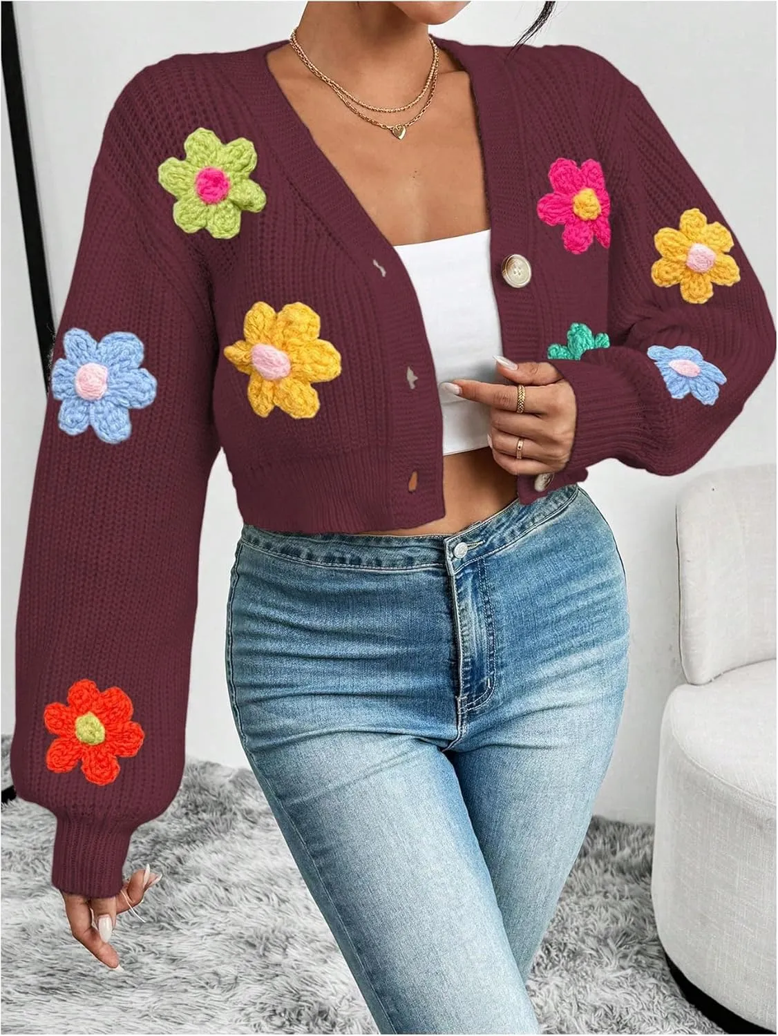 SHENHE Women's Button Down Lantern Sleeve V Neck Knitted Cropped Flower Cardigan Sweater