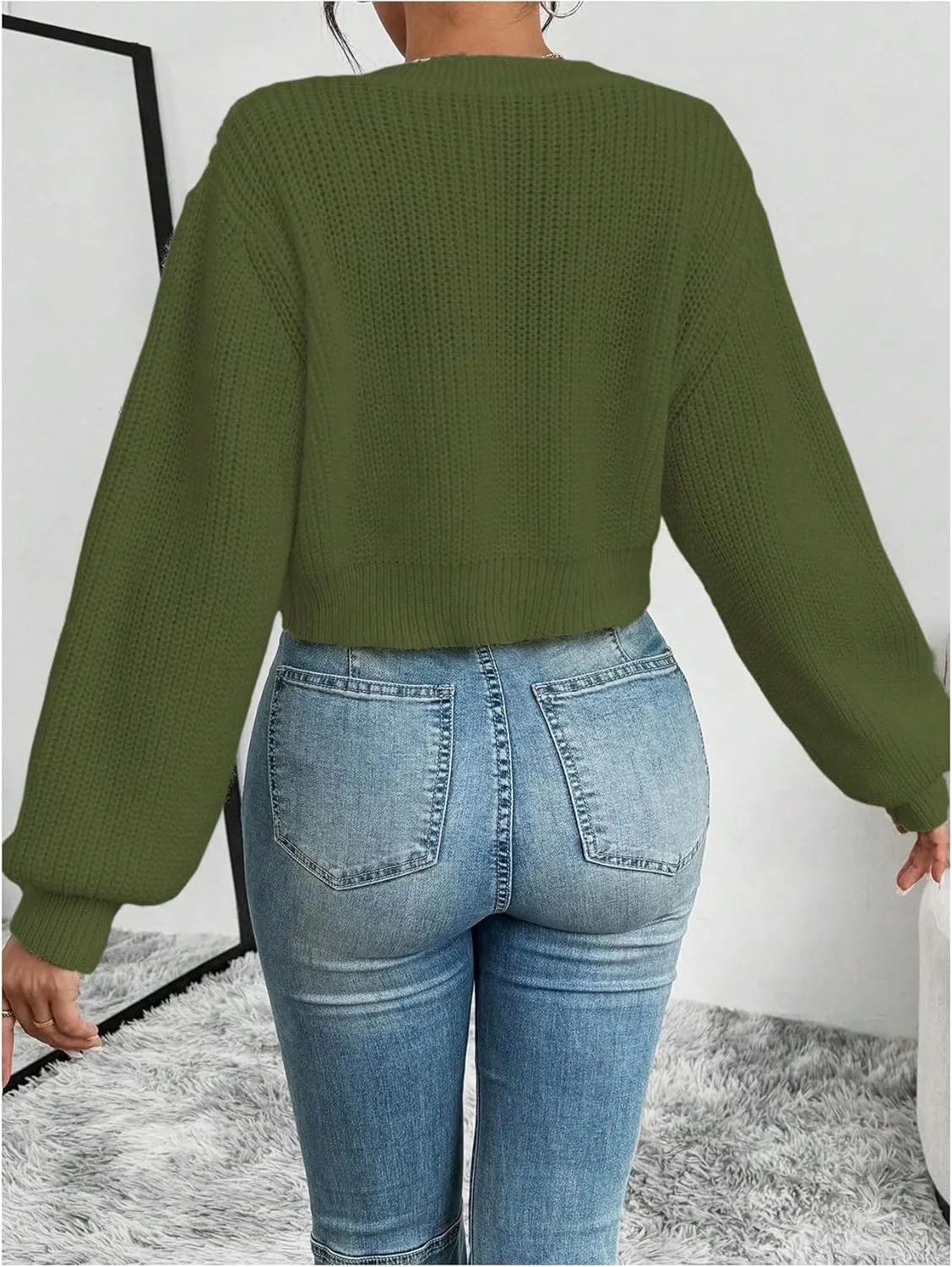 SHENHE Women's Button Down Lantern Sleeve V Neck Knitted Cropped Flower Cardigan Sweater