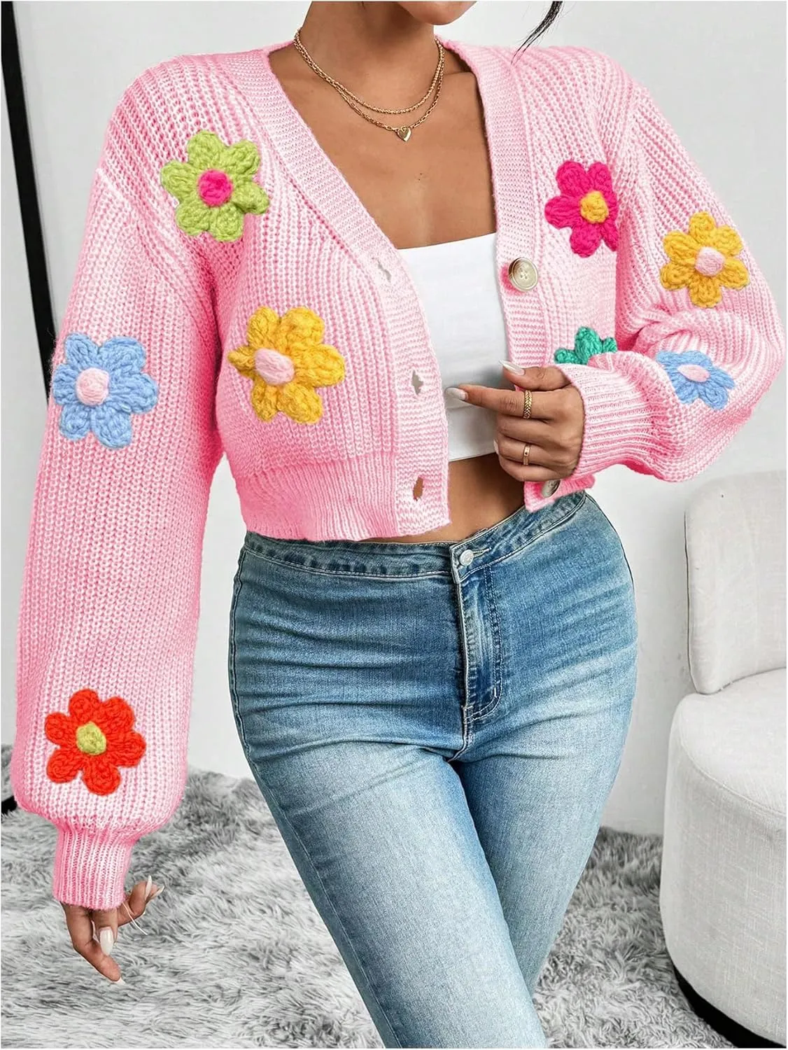 SHENHE Women's Button Down Lantern Sleeve V Neck Knitted Cropped Flower Cardigan Sweater