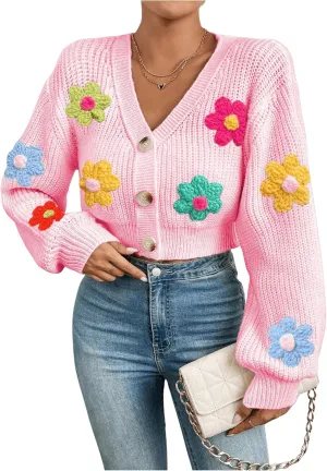 SHENHE Women's Button Down Lantern Sleeve V Neck Knitted Cropped Flower Cardigan Sweater