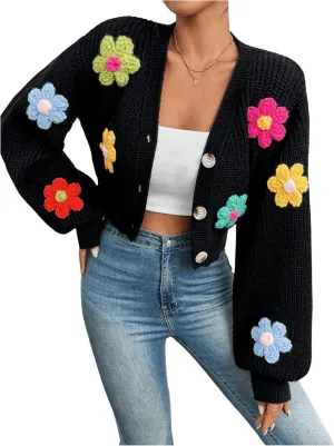SHENHE Women's Button Down Lantern Sleeve V Neck Knitted Cropped Flower Cardigan Sweater
