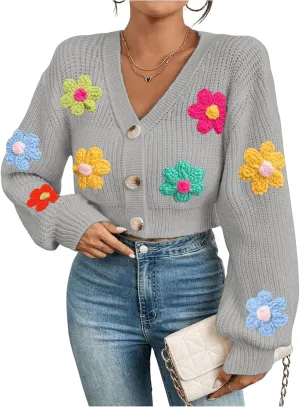 SHENHE Women's Button Down Lantern Sleeve V Neck Knitted Cropped Flower Cardigan Sweater