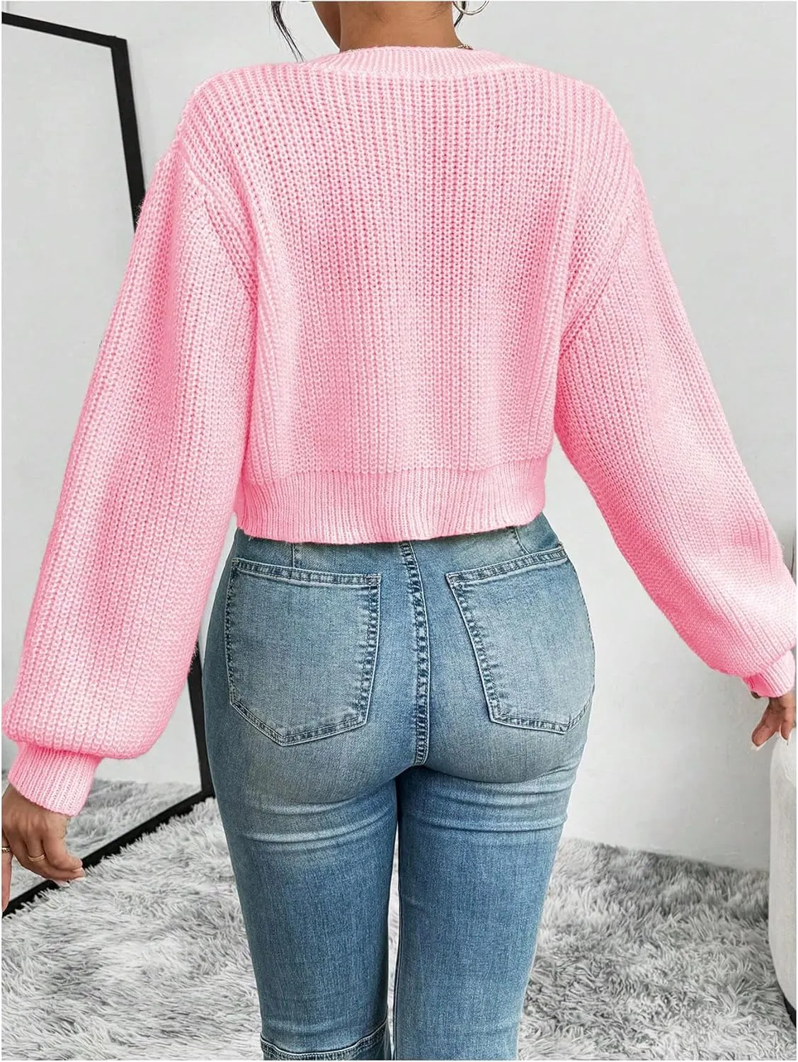 SHENHE Women's Button Down Lantern Sleeve V Neck Knitted Cropped Flower Cardigan Sweater