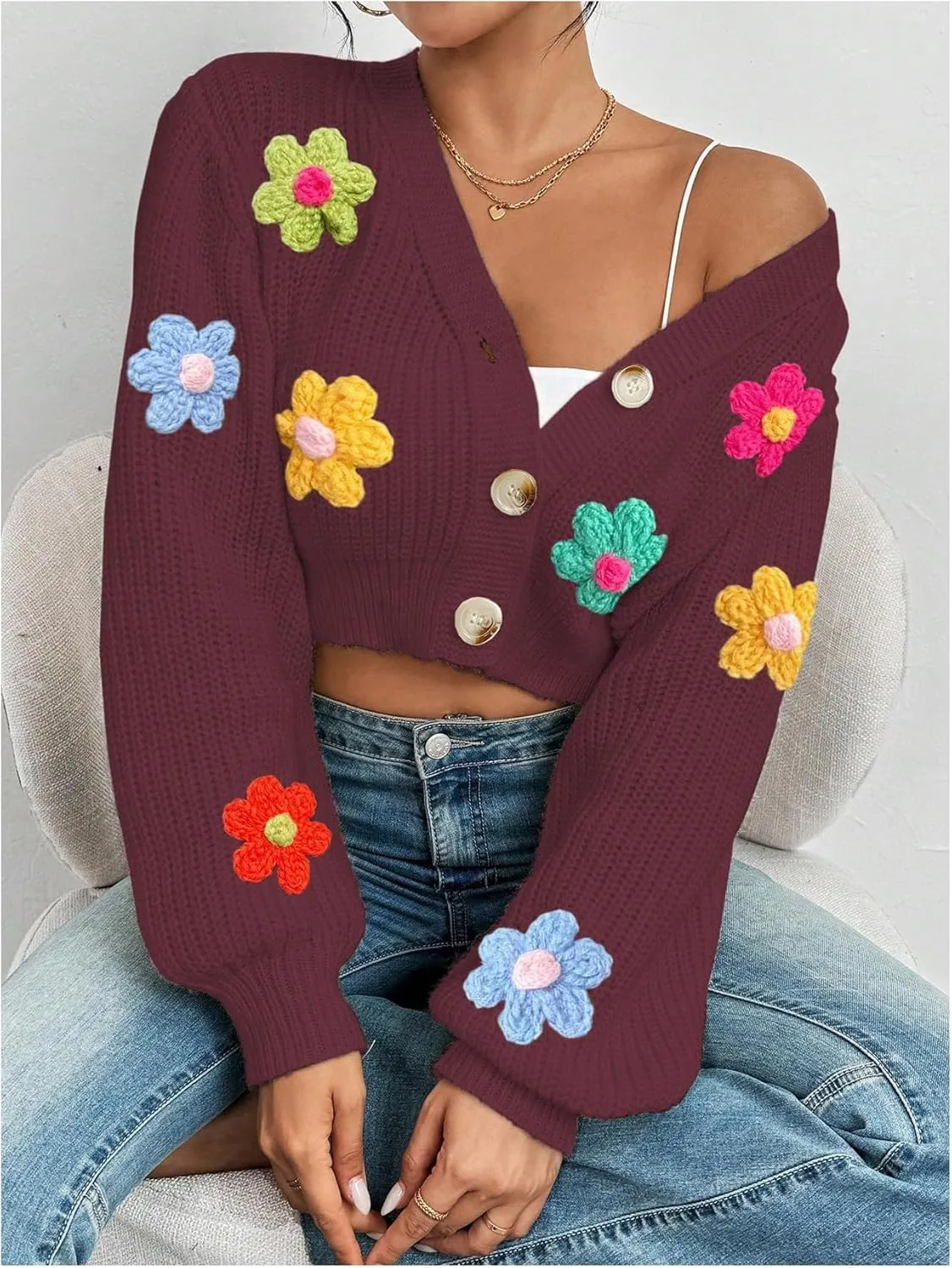 SHENHE Women's Button Down Lantern Sleeve V Neck Knitted Cropped Flower Cardigan Sweater