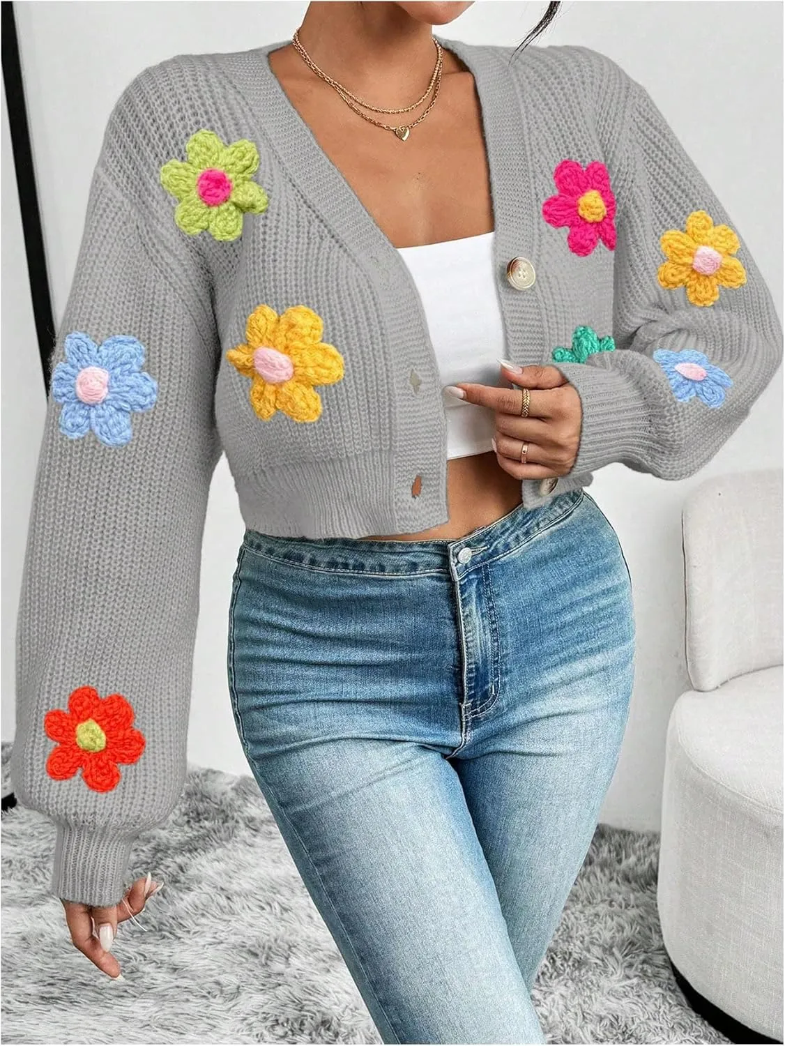SHENHE Women's Button Down Lantern Sleeve V Neck Knitted Cropped Flower Cardigan Sweater