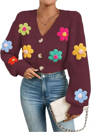 SHENHE Women's Button Down Lantern Sleeve V Neck Knitted Cropped Flower Cardigan Sweater