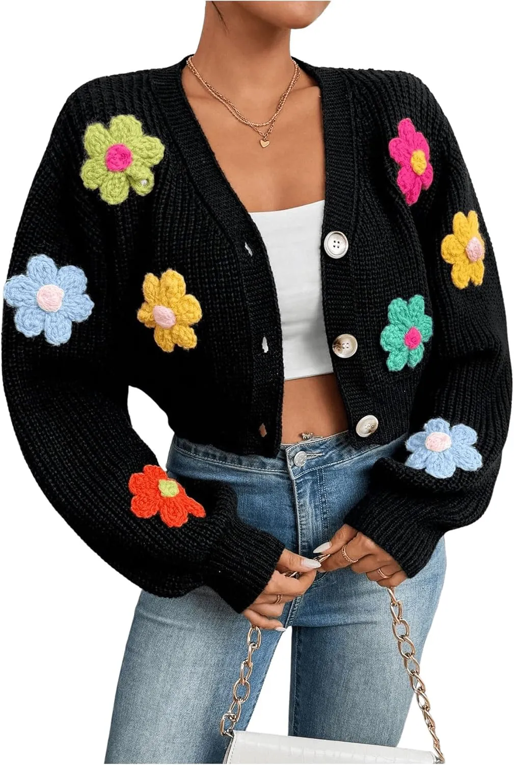 SHENHE Women's Button Down Lantern Sleeve V Neck Knitted Cropped Flower Cardigan Sweater
