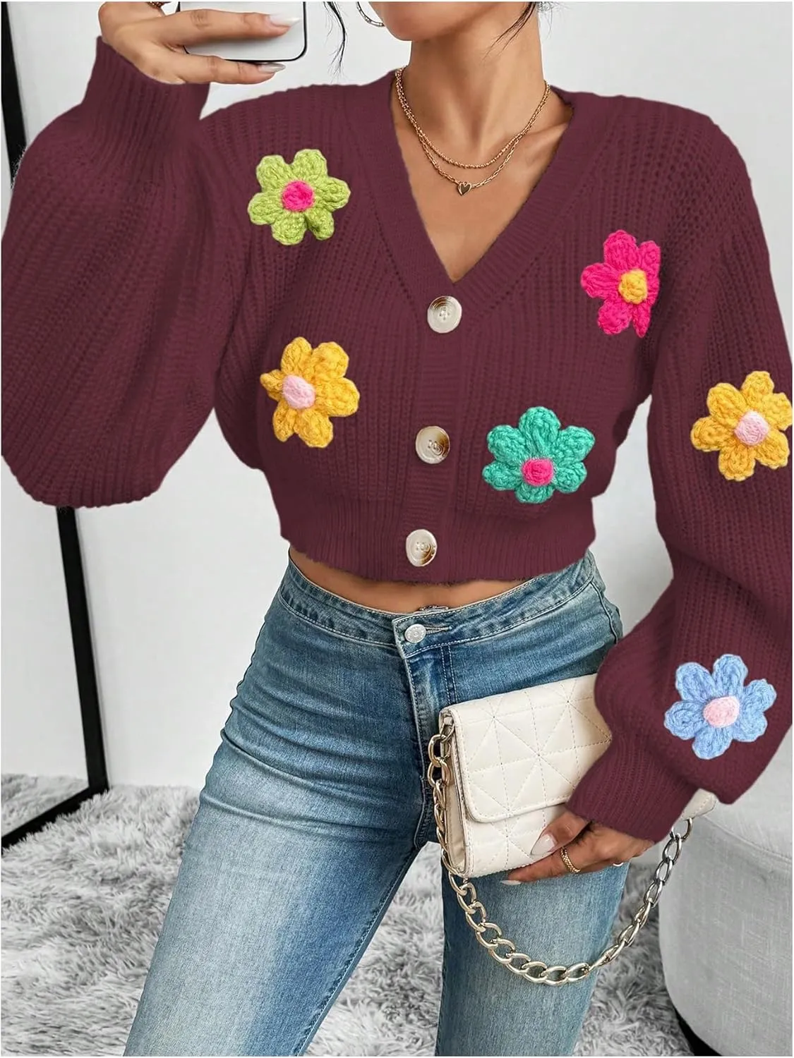 SHENHE Women's Button Down Lantern Sleeve V Neck Knitted Cropped Flower Cardigan Sweater