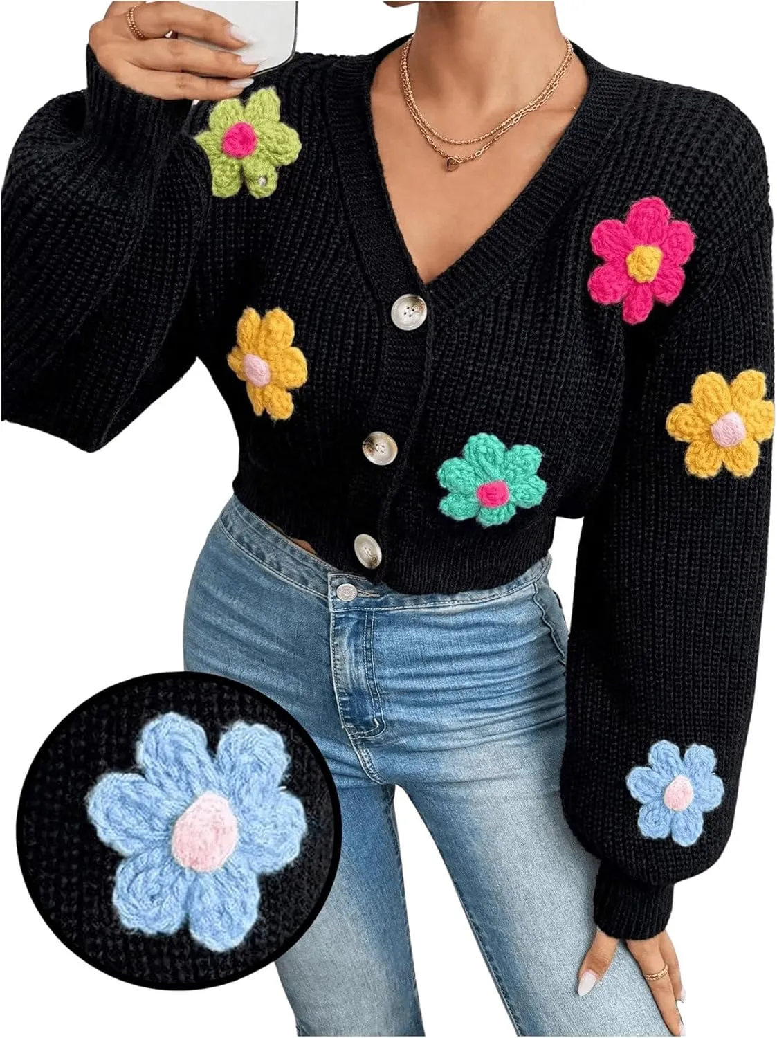 SHENHE Women's Button Down Lantern Sleeve V Neck Knitted Cropped Flower Cardigan Sweater