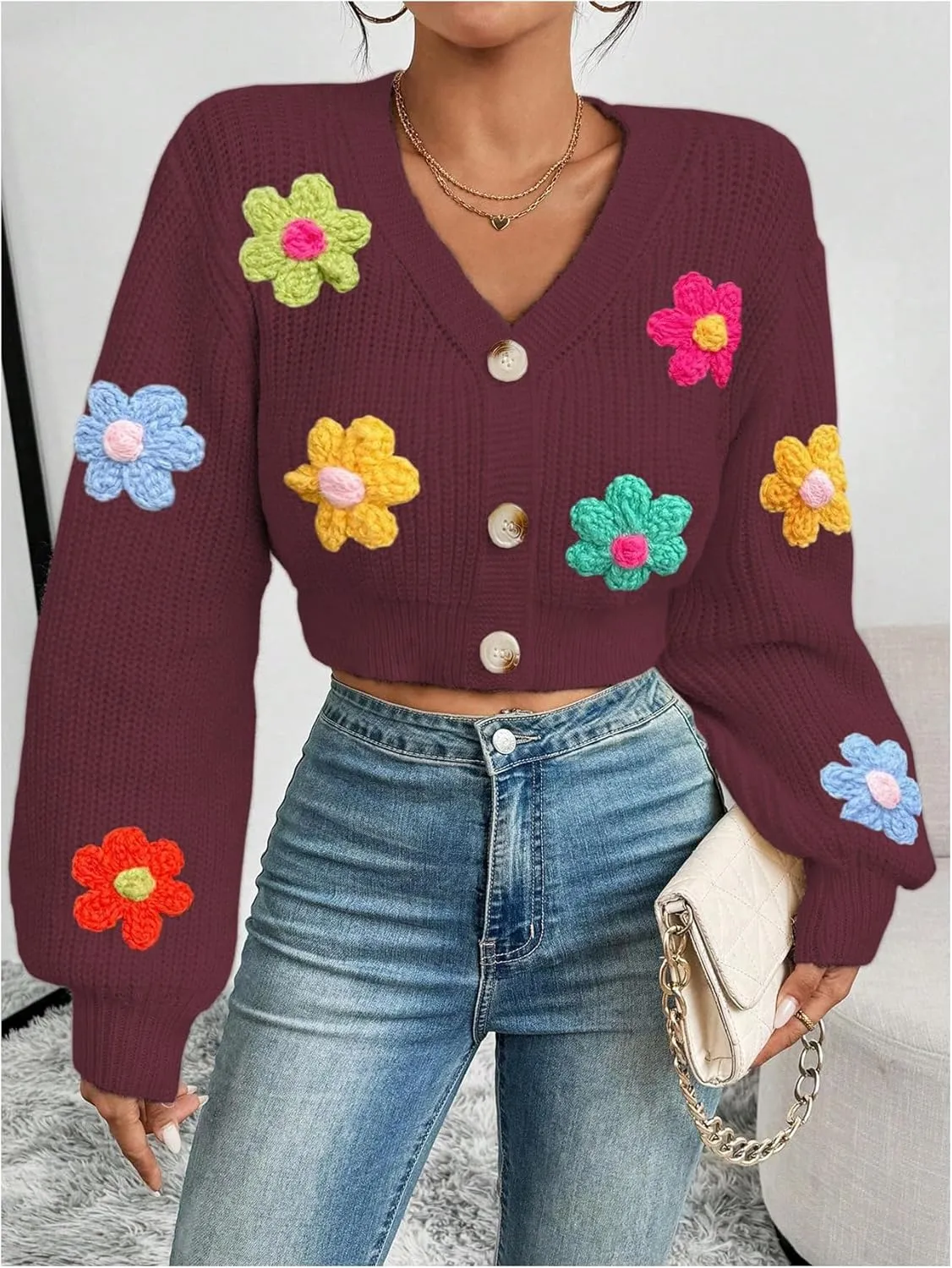 SHENHE Women's Button Down Lantern Sleeve V Neck Knitted Cropped Flower Cardigan Sweater