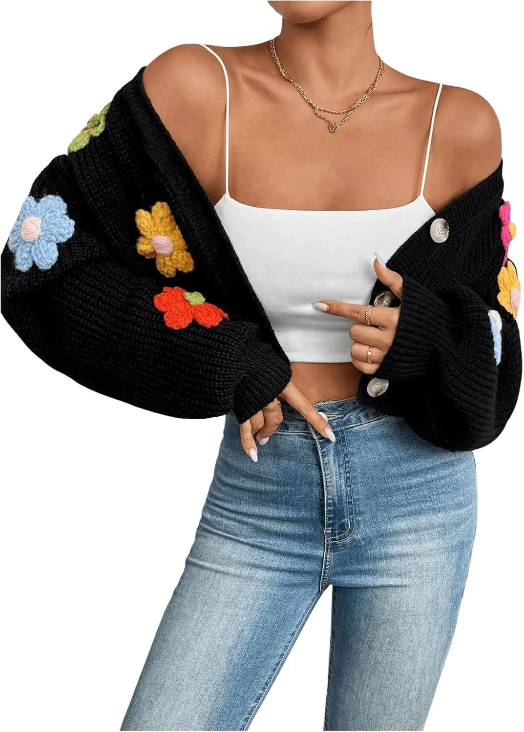 SHENHE Women's Button Down Lantern Sleeve V Neck Knitted Cropped Flower Cardigan Sweater