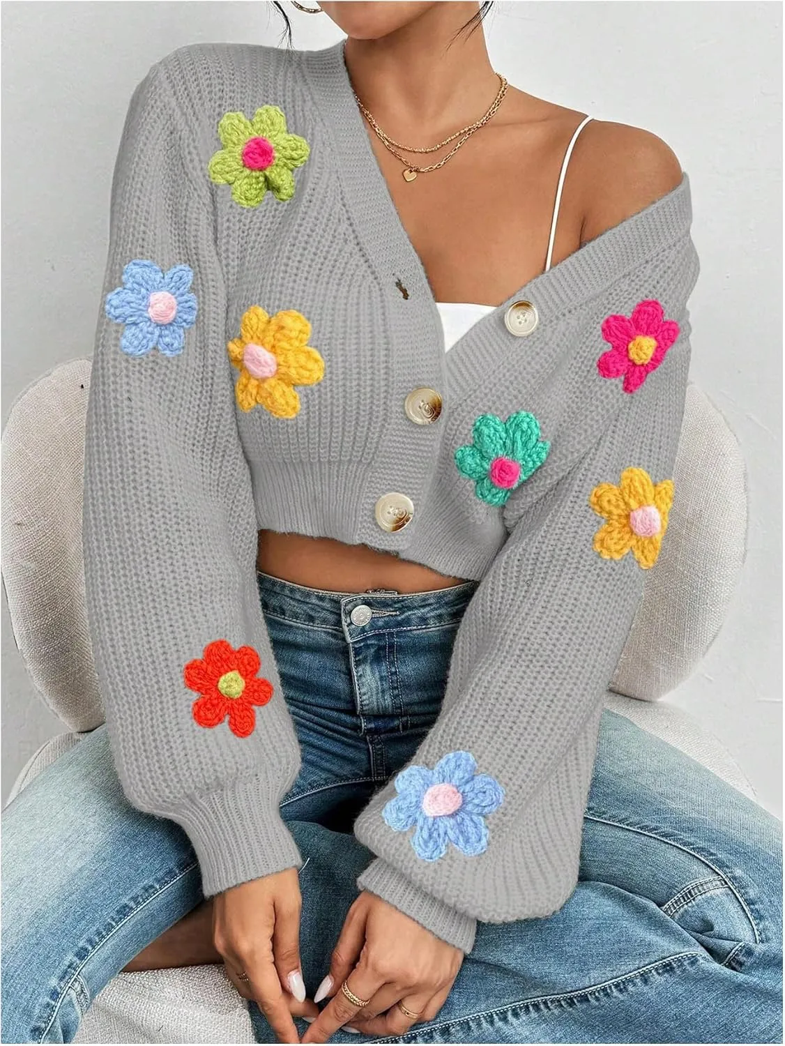 SHENHE Women's Button Down Lantern Sleeve V Neck Knitted Cropped Flower Cardigan Sweater