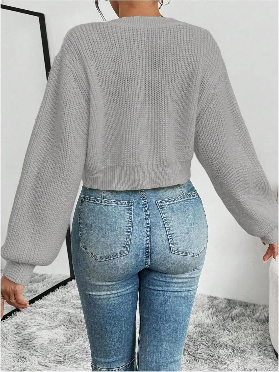 SHENHE Women's Button Down Lantern Sleeve V Neck Knitted Cropped Flower Cardigan Sweater
