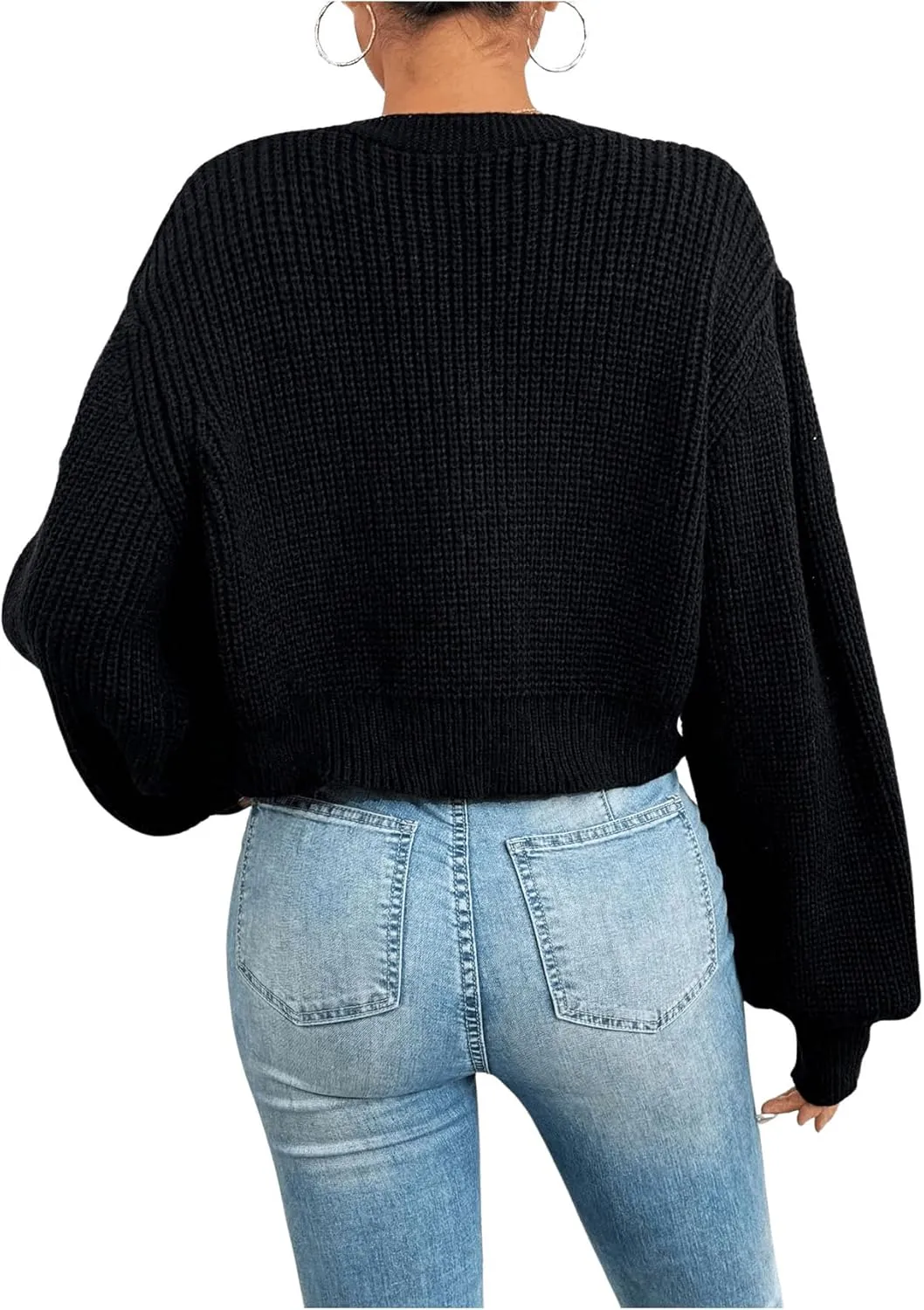 SHENHE Women's Button Down Lantern Sleeve V Neck Knitted Cropped Flower Cardigan Sweater