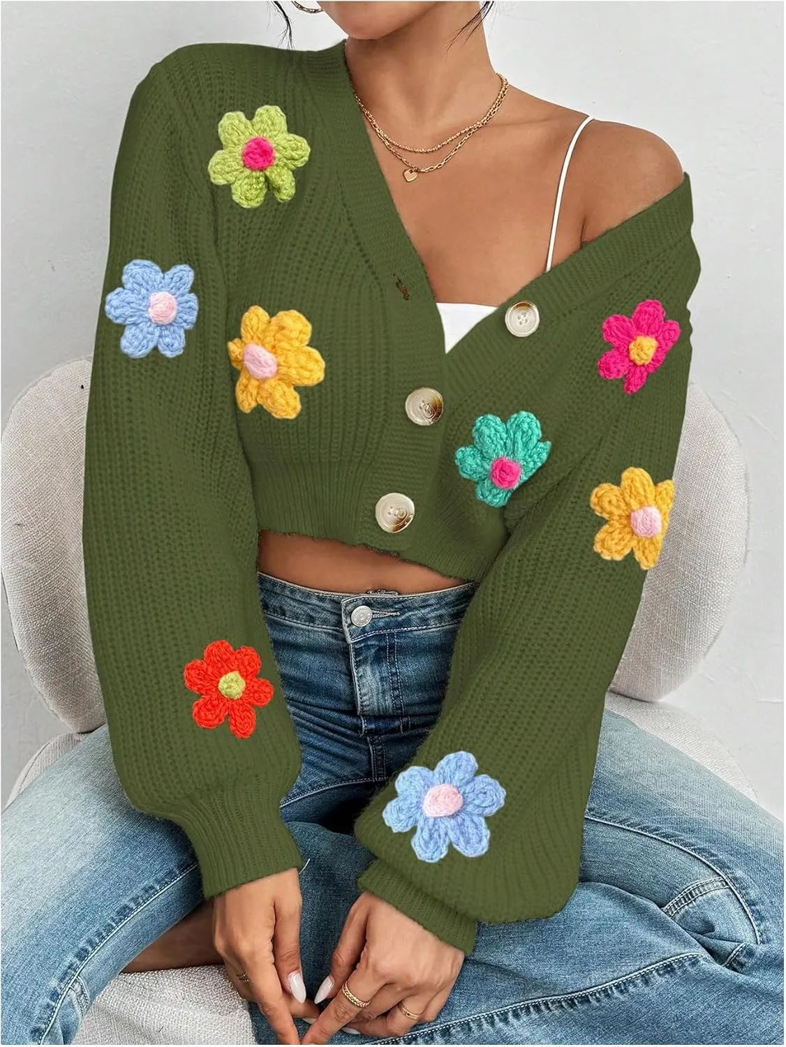 SHENHE Women's Button Down Lantern Sleeve V Neck Knitted Cropped Flower Cardigan Sweater