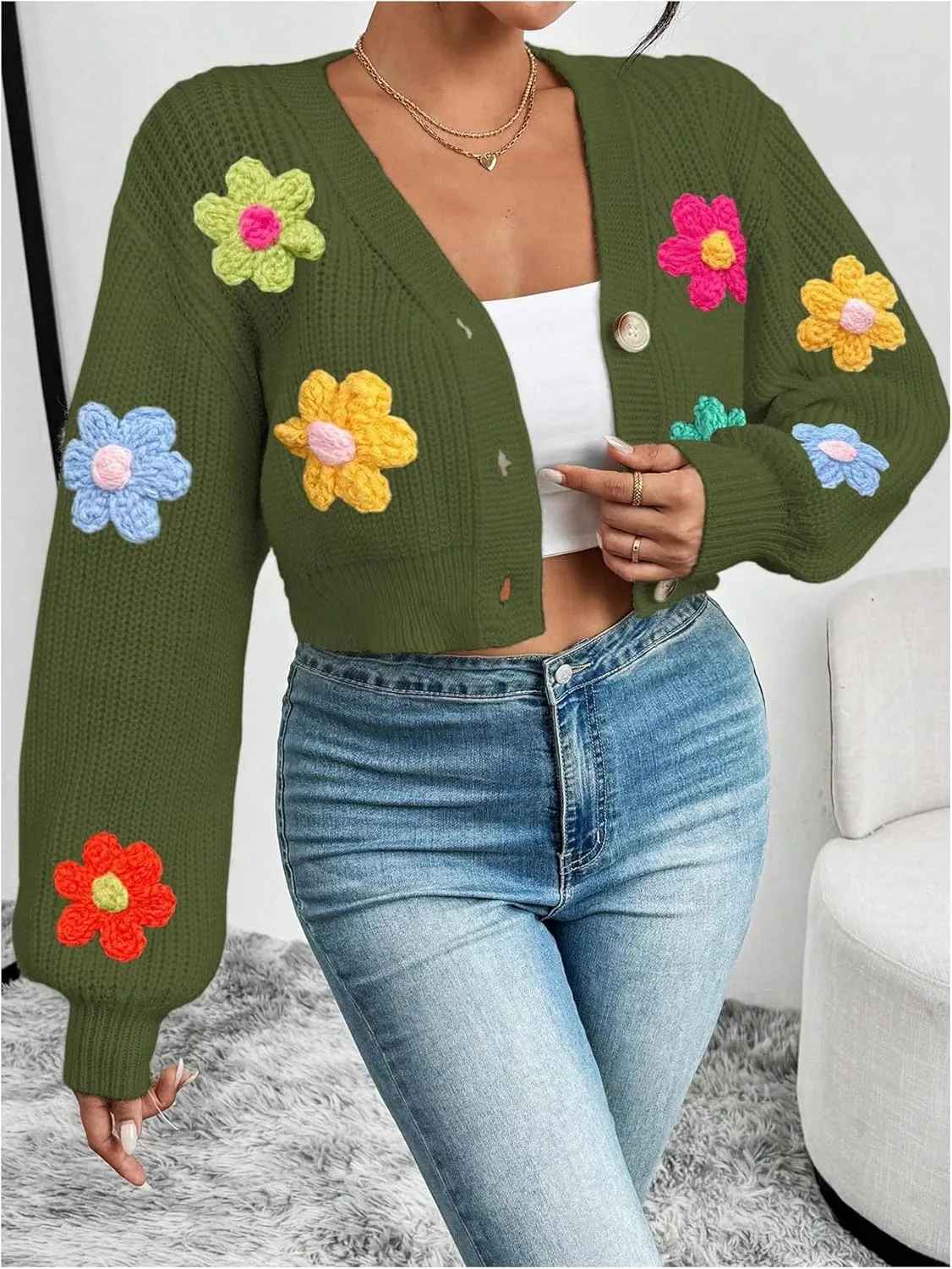 SHENHE Women's Button Down Lantern Sleeve V Neck Knitted Cropped Flower Cardigan Sweater
