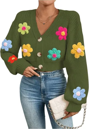 SHENHE Women's Button Down Lantern Sleeve V Neck Knitted Cropped Flower Cardigan Sweater