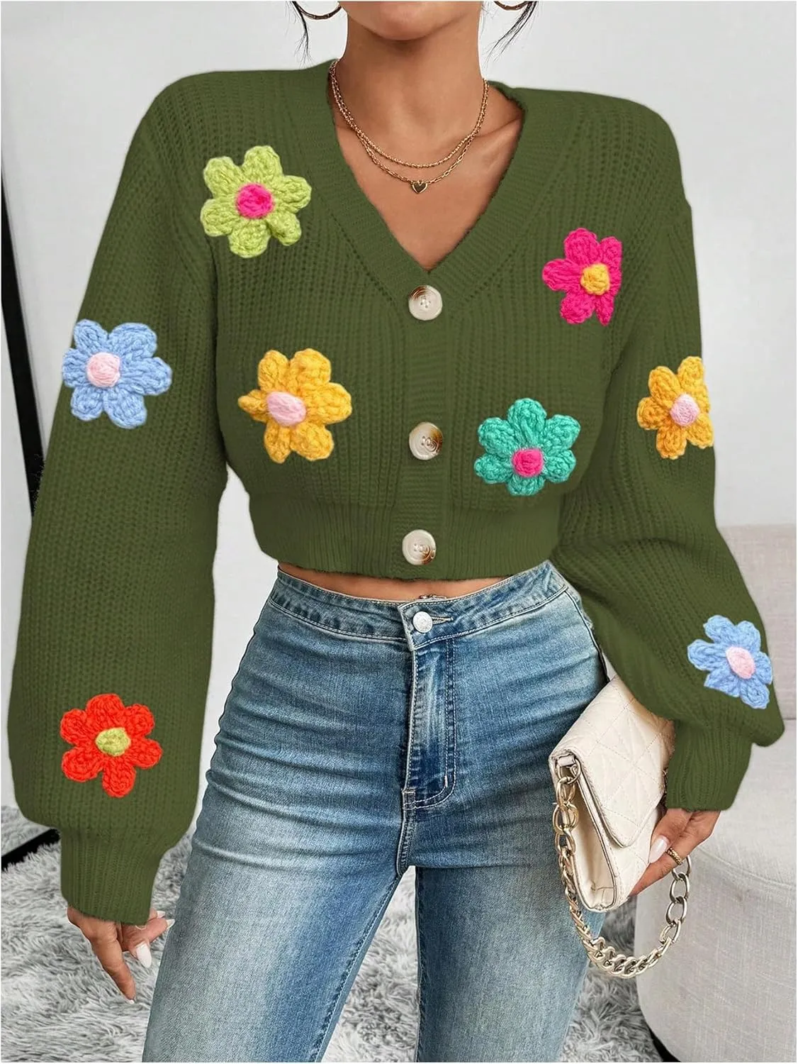 SHENHE Women's Button Down Lantern Sleeve V Neck Knitted Cropped Flower Cardigan Sweater