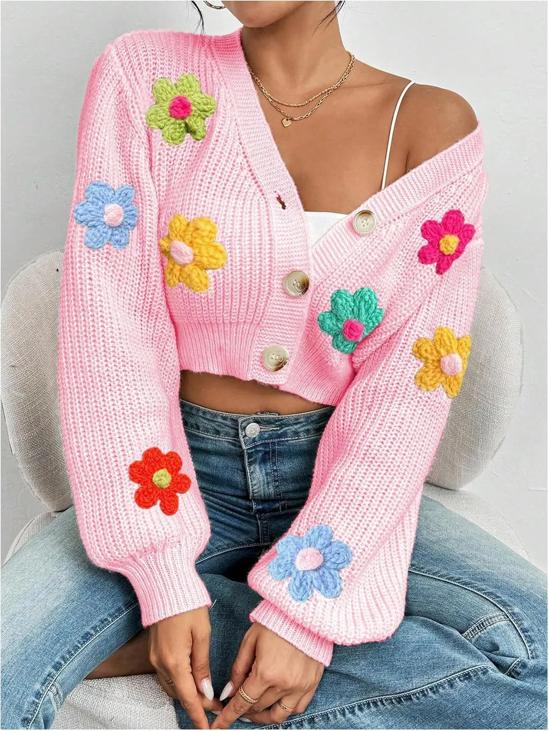 SHENHE Women's Button Down Lantern Sleeve V Neck Knitted Cropped Flower Cardigan Sweater