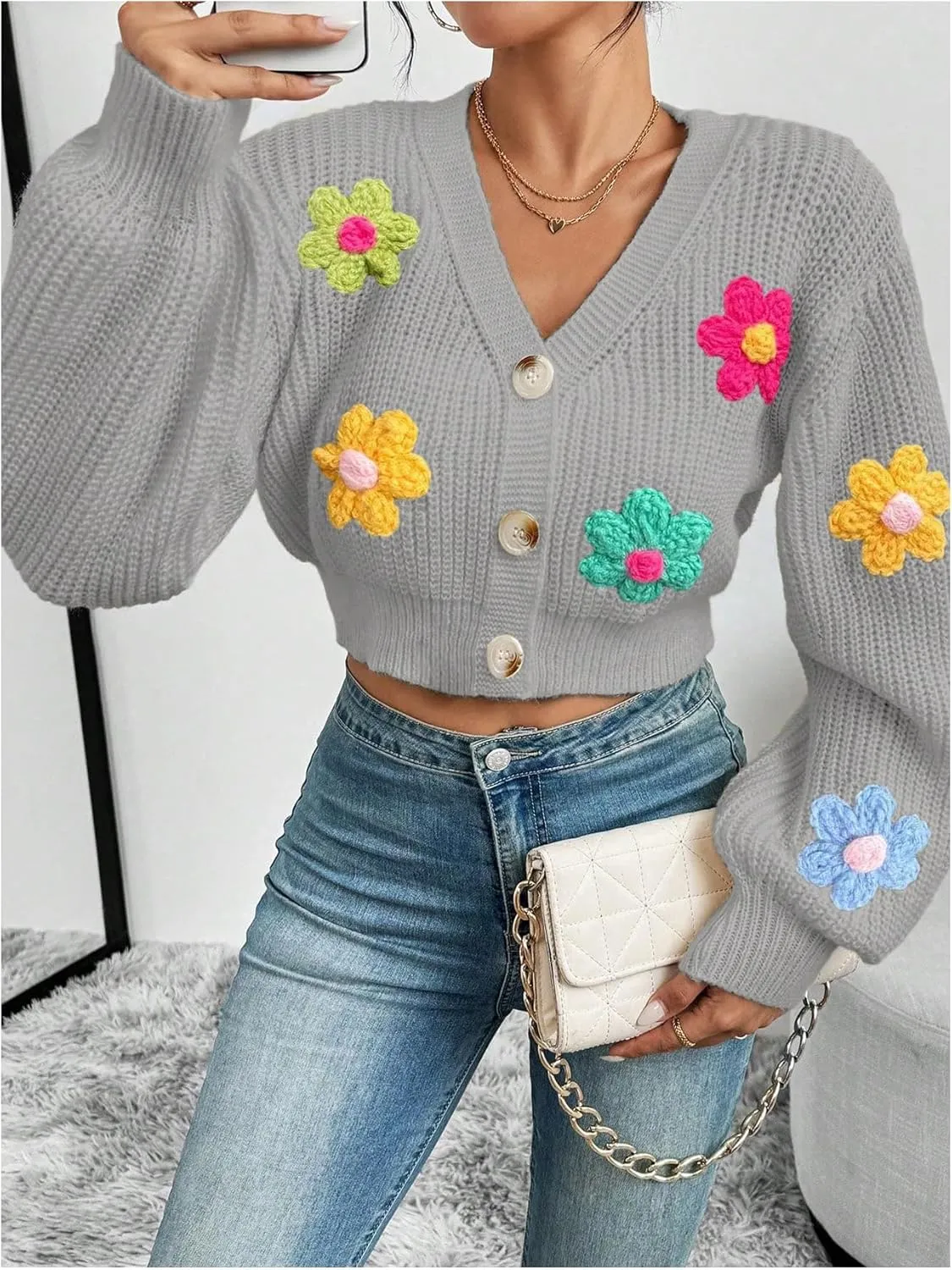 SHENHE Women's Button Down Lantern Sleeve V Neck Knitted Cropped Flower Cardigan Sweater