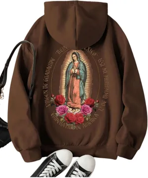 SHENHE Women's Graphic Loose Fit Virgin Mary Print Drawstring Hoodie Sweatshirt Pullover