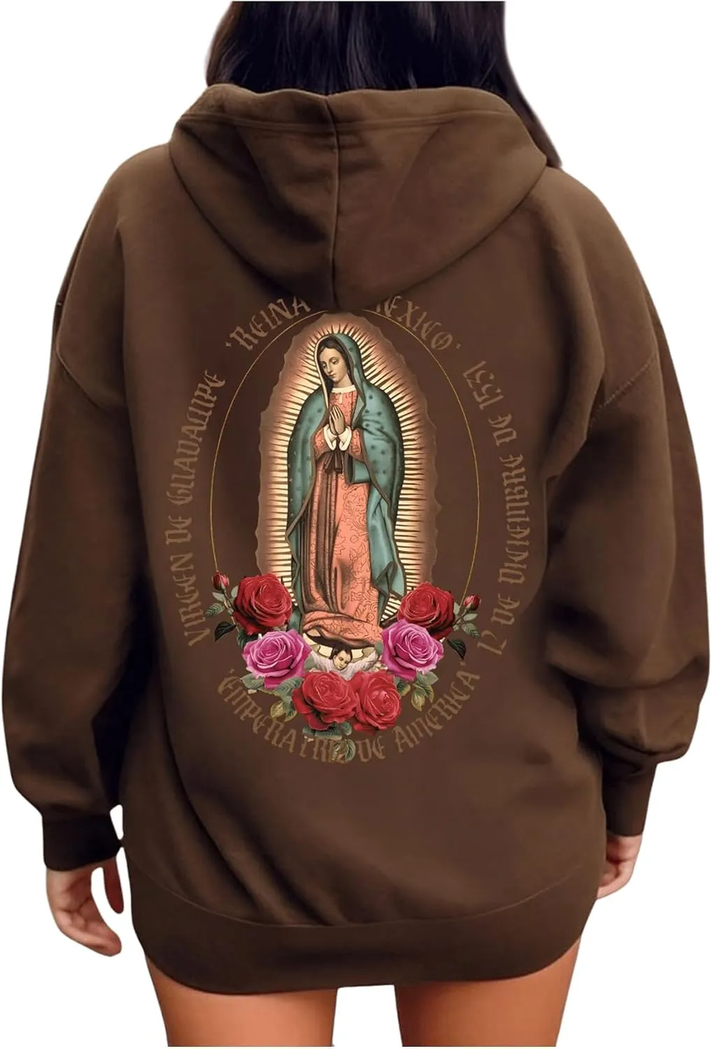 SHENHE Women's Graphic Loose Fit Virgin Mary Print Drawstring Hoodie Sweatshirt Pullover