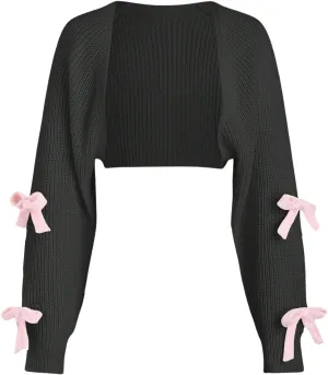 SHENHE Women's Open Front Ribbed Knit Bow Cute Cropped Cardigan Bolero Sweater Shrug