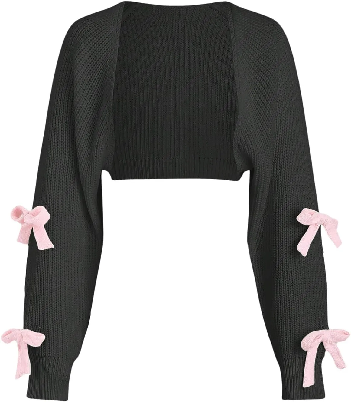 SHENHE Women's Open Front Ribbed Knit Bow Cute Cropped Cardigan Bolero Sweater Shrug