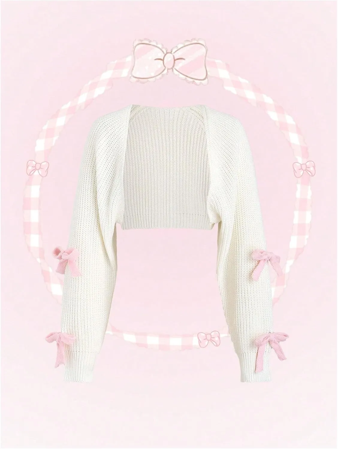 SHENHE Women's Open Front Ribbed Knit Bow Cute Cropped Cardigan Bolero Sweater Shrug