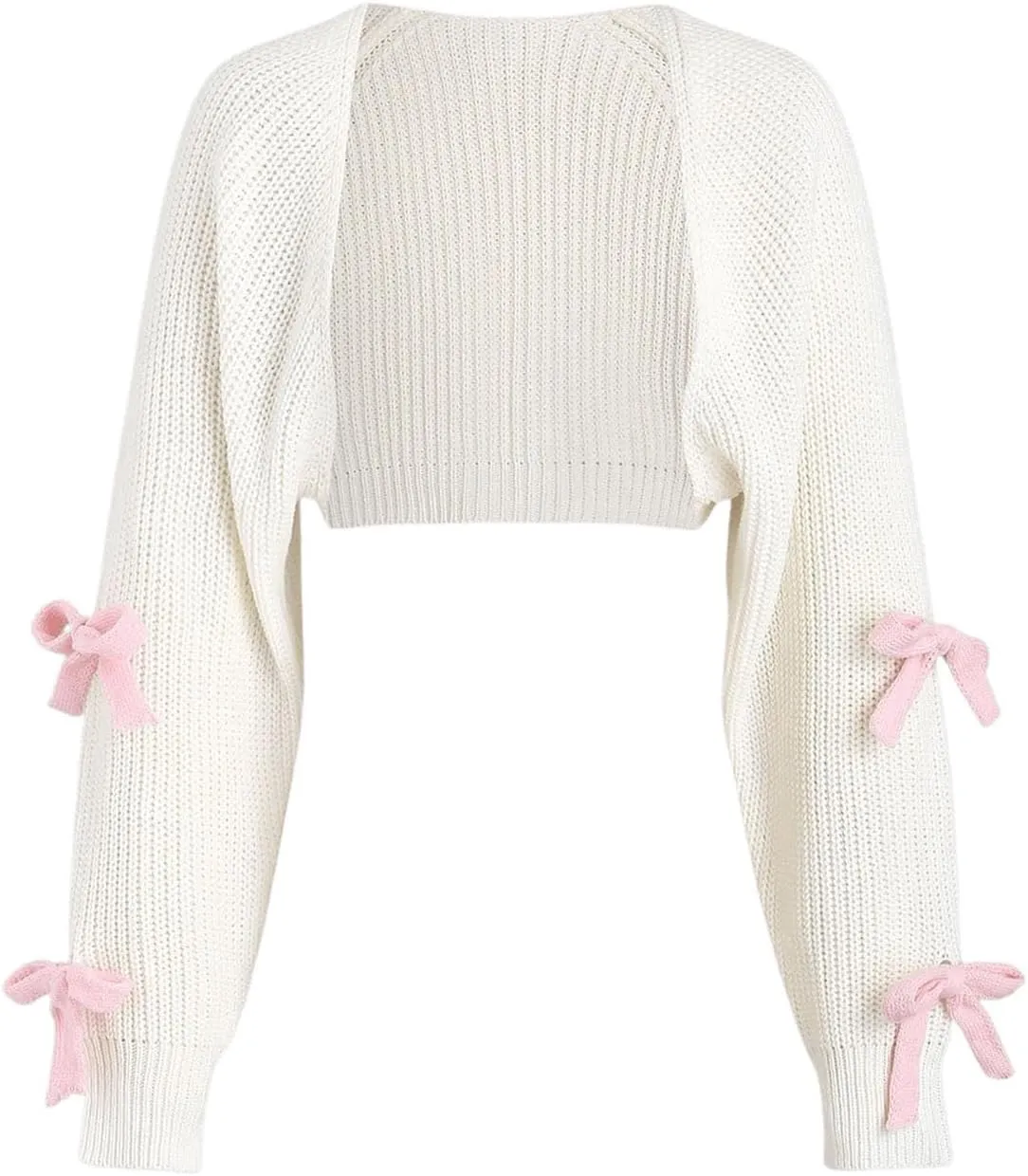 SHENHE Women's Open Front Ribbed Knit Bow Cute Cropped Cardigan Bolero Sweater Shrug