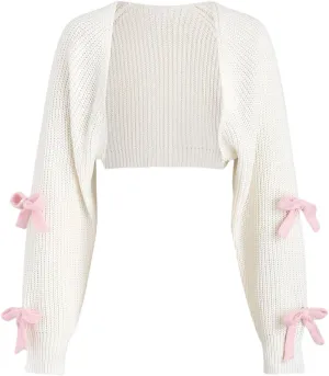 SHENHE Women's Open Front Ribbed Knit Bow Cute Cropped Cardigan Bolero Sweater Shrug