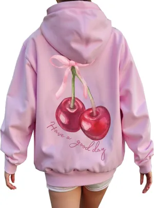 SHENHE Women's Oversized Hoodie Cute Cherry Bow Print Long Sleeve Drawstring Drop Shoulder Baggy Hoodie Sweatshirt