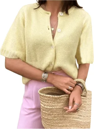 SHENHE Women's Y2K Short Sleeve Button Down Knitted Crew Neck Lightweight Cropped Cardigan Sweater