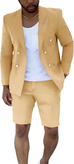 Shorts Suits for Men 2 Piece Slim Fit Double Breasted Mens Shorts Suit Set Casual Prom Summer Beach Wedding Tuxedos