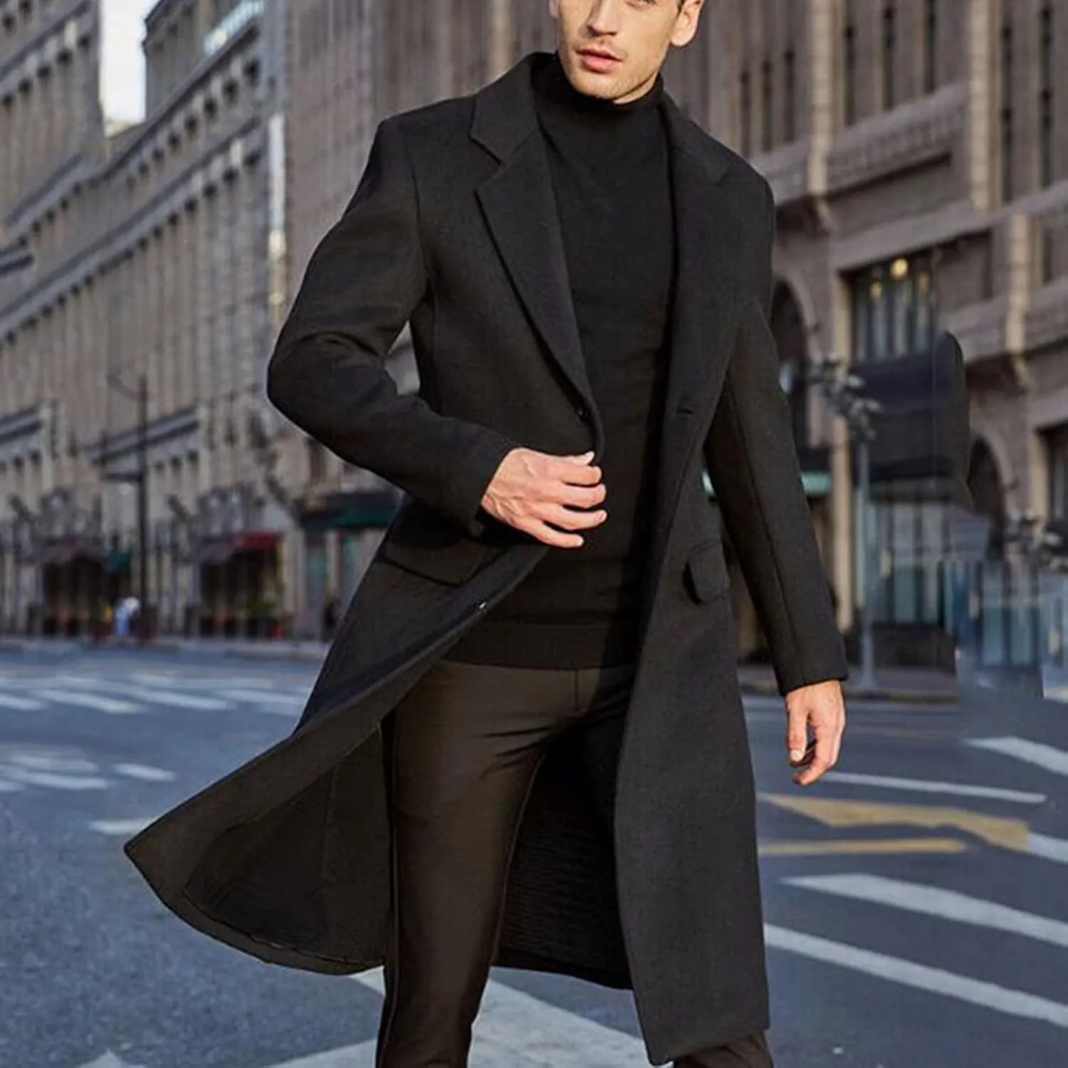 Sinzelimin Men's Cardigan Coat Fashion Printed Wool Blends Casual Long-sleeved Jacket Length Windbreaker Overcoat Trench